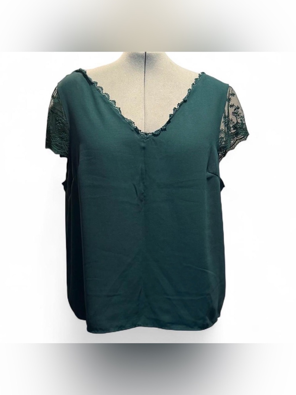 SHEIN Lace-Trim V-Neck Blouse - Teal Green